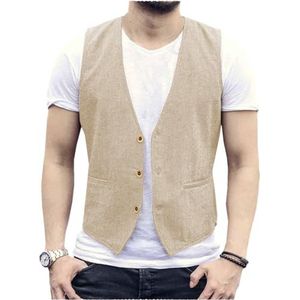 AeoTeokey Heren zomer linnen vest pak vest casual vest regular fit, champagne, XL