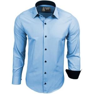 Subliminal Mode: Gemakkelijk te strijken herenoverhemd, met tweekleurige kraag, effen, lange mouwen, smalle pasvorm, zakelijk, cadeau-idee, Kerstmis, valentijnsdag, RN44, lichtblauw, XL