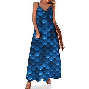 Blauwe visschubbenstijl damesjurk, lange boho spaghettibandjes, maxi-jurk, V-hals, strand, casual