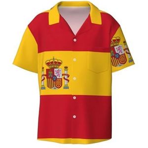 EdWal Spaanse Vlag Print Heren Korte Mouw Button Down Shirts Casual Losse Fit Zomer Strand Shirts Heren Jurk Shirts, Zwart, XXL