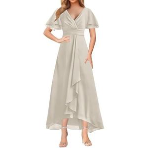 WSEYU Korte Mouw Moeder Van De Bruid Bruidegom Jurken Chiffon Kralen Formele Avond Grootmoeder Jurken Thee Lengte ZM203, Ivoor, 32