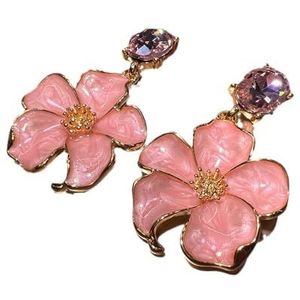 Chinese emaille kleur roze grote bloem oorbellen Franse koper vergulde echte gouden overdreven oorbellen