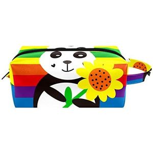 Make-uptas voor dames,lederen make-uptas,reistas voor make-uptas,Regenboog Achtergrond Panda Zonnebloem Afdrukken