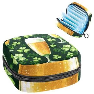 Opbergtas voor maandverband, St. Patrick's Day klaverblaadjes en glazen bier, draagbare maandverband, inlegkruisjes, tampons, maandverband, opberghouder voor vrouwen, school, kantoor