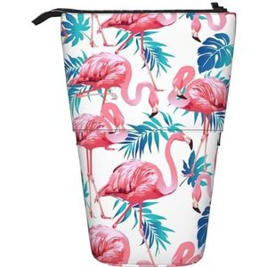 Bxzpzplj Vallende Rode Harten Print Staande Etui Voor Kantoorbenodigdheden Intrekbare Potlood Pouch Potlood Tas Werk, Flamingo Vogel Groene Plant Blad, Eén maat