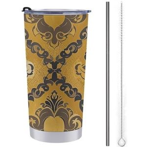 AQRJLPM Brokaatpatroon in geel en grijs autobeker van roestvrij staal 500 ml beker met rietje en deksels lekvrij geïsoleerde roestvrijstalen reiskoffiemok pobtable voor koude warme dranken kamperen