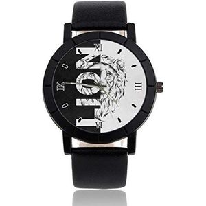 Leeuw gepersonaliseerde aangepaste horloge casual zwart lederen riem polshorloge voor mannen vrouwen unisex horloges, Zwart, riem