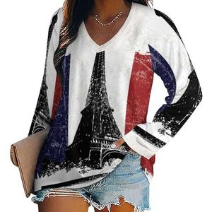 Eiffeltower Frankrijk vlag dames lange mouwen V-hals T-shirts herfst tops pullover tuniek T-shirt voor leggings