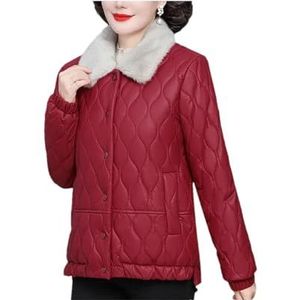 Pegsmio Vrouwen Faux Lederen Katoenen Jas Middelbare Leeftijd Moeders Dikker Warm Parkas Revers Kraag Jas, Rood, XL