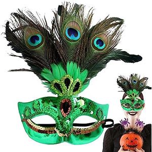 generic Pauwenveer masker, Make-up bal half masker met veren, pailletten, Maskerade masker voor vrouwen kostuum, pailletten Halloween feestavond Prom kostuum accessoire