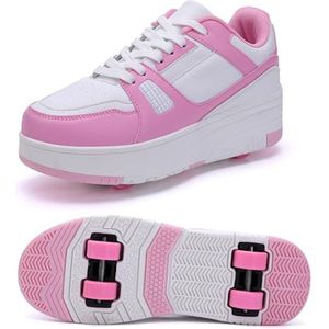 XRDSHY Schoenen met wieltjes, voor kinderen, 4 wieltjes, skateschoenen, sportschoenen voor jongens en meisjes, 2-in-1 multifunctionele rolschaatsen, outdoor-loopschoenen, roze, maat 37 EU