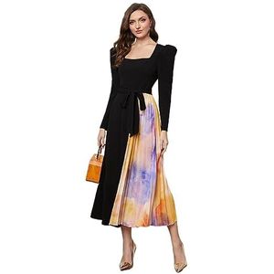jurken voor dames Tie-dye geplooide jurk met pofmouwen en riem (Color : Noir, Size : XL)