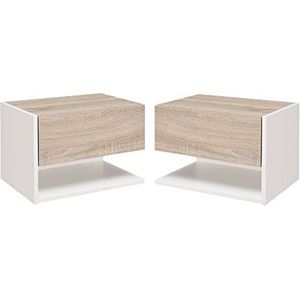 HOMCOM 2-delige muurkastje nachttafel wandkast met schuiflade, slaapkamer nachtcommode, bijzettafel, spaanplaat, eik+wit, 46 x 30 x 30 cm