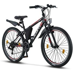 Licorne Bike Guide Premium mountainbike in 20, 24 en 26 inch fiets voor meisjes, jongens, heren en dames, 21 versnellingen (bij 20 inch 18 versnellingen) (zwart/rood/grijs, 66 cm)