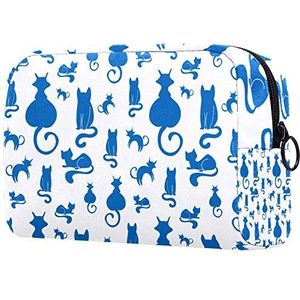 Dames Make-up Tas Meisje Cosmetische Tassen Toilettas Organizer Pouch met Rits Blauwe Katten