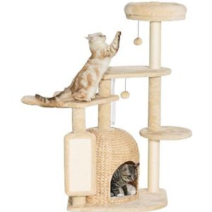 PawHut Klimboom voor katten, activiteitencentrum, hoogte 112 cm, toren met krabpalen van sisal, hok, hangmat, platforms, bed en ballen, speelgoed, beige
