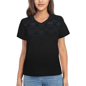 3D Gothic Wallpaper Skull Prints Dames V-hals T-shirts - Casual Korte Mouw Tops Losse Fit Ademend Zomer Tees, Zwart, S
