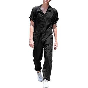 EflAl Heren katoenen linnen onesie jumpsuit casual knoop korte mouw overall rompertjes effen kleur trainingspak met zakken (kleur: zwart, maat: 3XL), Zwart, 3XL