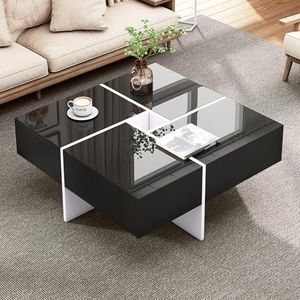 BXEYXE Elegante hoogglans-salontafel 70 x 70 x 35 cm, zwart-wit design, ingebouwd opbergvak en 4 robuuste laden, maximale belastbaarheid 30 kg, vierkante hoogglans-salontafel