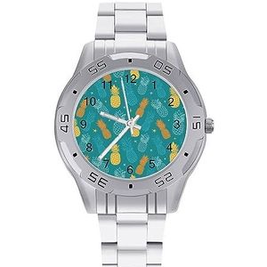 Teal Blauw en Geel Oineapples Heren Polshorloge Mode Sport Horloge Zakelijke Horloges met Roestvrij Stalen Armband, Stijl, regular