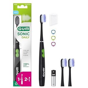 GUM SONIC DAILY Elektrische Tandenborstel Op Batterijen | Makkelijk Draagbaar | Zorgt Voor Een Extra Diepe Zachte Reiniging | X1 Borstel, X2 Vervangende Koppen, X1 Batterij AAA | Zwart