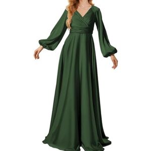 Prinses Bruidsmeisje Jurken Lange Mouw Galajurken V-hals Satijn Formele Avondfeest Maxi Jurk ZM199, Emerald Groen, 32