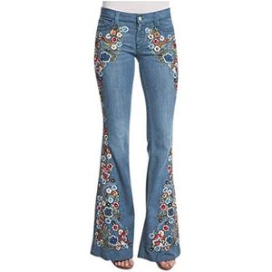 Uitlopende broek dames jeans bloemen - jeansbroek jacquard denim broek vintage borduurwerk slagjeans elegante bootcut skinny jeans hoge taille flared pants Y2K stijl denim vrijetijdsbroek, lichtblauw,