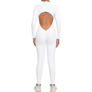 ROEUIPG Yogapak voor dames, sportkleding, ritssluiting, lange mouwen, open rug, fitnesspak, strak, gymnastiektuinbroek, sportbody (wit, L)