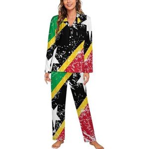 Nevis Retro Vlag Lange Mouw Pyjama Sets voor Vrouwen Klassieke Nachtkleding Nachtkleding Zachte Pjs Lounge Sets