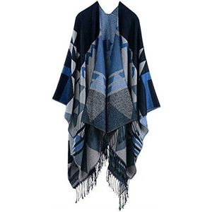 Cape dames herfst winter elegante outerwear outwear geometrische kwasten kleding poncho cape geschenken warme mode losse cardigan, blauw, One Size