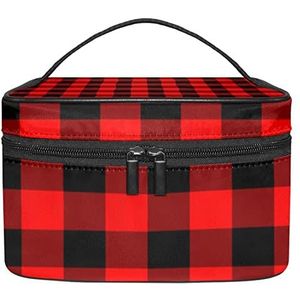Aquarel Zebra met rode bloemen make-up tas voor vrouwen meisjes cosmetische tassen met handvat reizen make-up organizer tas, Kerst Rood Zwart Plaid Grid Patroon, 8.9x5.9x5.4 Inches, Make-up zakje