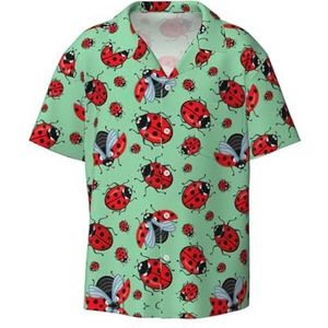 EdWal Rode Lieveheersbeestjes Op Een Blauwe Achtergrond Print Heren Korte Mouw Button Down Shirts Casual Losse Fit Zomer Strand Shirts Heren Overhemden, Zwart, XL