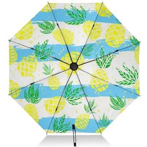 FRODOTGV Gouden ananas blauwe strepen compacte paraplu opvouwbare omgekeerde compacte paraplu voor zon regen 8 ribben grote winddichte UV-paraplu automatisch voor mannen