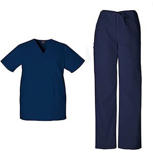 Cherokee Workwear Originals Scrub Sets voor Vrouwen en Mannen, 6 Pocket Medical Scrubs met V-hals Top 4876 & Trekkoord Cargo Pant 4100, Navy- L Top/L Tall Pant