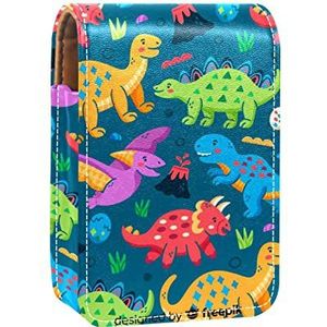 Draagbare Lipstick Case voor op reis, Mini Lipstick Opbergdoos met spiegel voor vrouwen dames, Lederen cosmetische etui Kleurrijke Doodle Dinosaurs Patroon, Meerkleurig, 9.5x2x7 cm/3.7x0.8x2.7 in