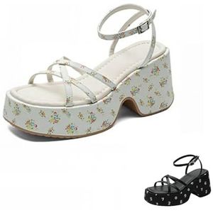 Recuriey Damessandalen voor zomer 2025 - Platform wig van 7,5 cm met een brede pasvorm, enkelbandje met gesp en een zoete en verfrissende Romeinse stijl met open teen,Wit,34 EU