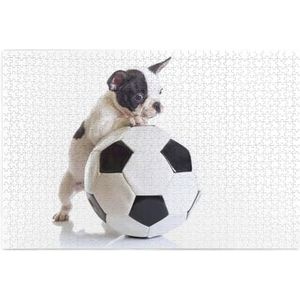 Franse Bulldog Puppy Met Voetbal, Puzzel 1000 Stukjes Houten Puzzel Familiespel Wanddecoratie