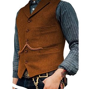 AeoTeokey Klassieke Mens Wol Tweed Pak Vest Casual Mouwloze Jas Visgraat Vest voor Smoking, Oranje, L