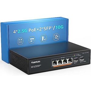 YuanLey 6-poorts 2,5G Poe Switch Unmanaged, 4 Poe Ports 2,5G Base-T, 2x 10G SFP, 802.3af/at, 78W, 100/1000/2500 Mbps, metaal zonder ventilator, wandmontage