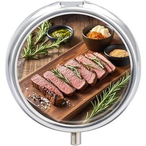 Rozemarijn biefstuk pillendoosje 3 compartimenten reisgeneeskunde pillenorganisator 3x per dag draagbare vitamine-organizer met spiegel kleine pillendoos voor portemonnee en zak, schattige dagelijkse