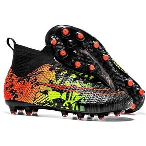 Mnplciea Voetbalschoenen voor heren, Astro Turf, sneakers voor jongens, hoge spikes, voetbalschoenen, outdoor, schoenplaatjes, tieners, professionele veterschoenen, zwart/oranje, 39.5 EU