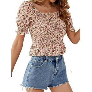 dames topjes Ditsy bloemenprint peplum blouse met pofmouwen - Boho-top met vierkante hals for dames (Color : Rosa, Size : Small)