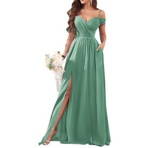 Dames chiffon bruidsmeisjes jurken met split lange galajurken ruches cocktailjurk plus size, Eucalyptus, 32