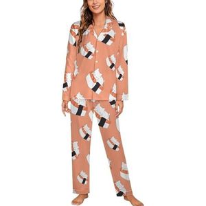 Kawaii Sushi Kat Vrouwen Lange Mouw Button Down Nachtkleding Zachte Nachtkleding Lounge Pyjama Set 2XL