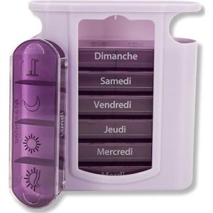 MEDIPILL - Wekelijkse pillendispenser met torendosis | Wekelijkse medicatieorganisatie | 28 vakken | 4 momenten per dag | BPA-vrij | Paars | Frans en Nederlands (één stuk)