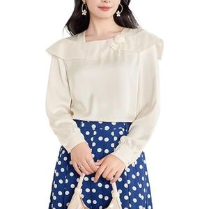 ROUZIHU Strik satijnen overhemd damesmode vierkante hals top los en comfortabel overhemd(Beige,XXL)