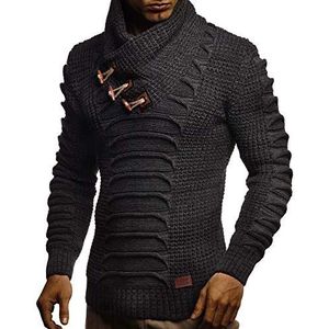 Leif Nelson Heren pullover gebreide trui sjaalkraag slim fit mannen zwarte trui voor winter lange mouwen hoodie wollen trui LN5575, antraciet zwart, XXL