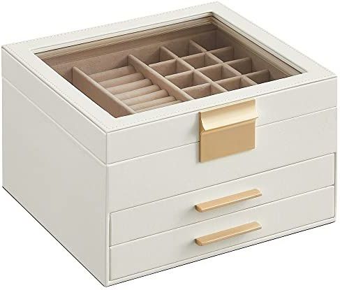 SONGMICS - Sieradendoos - Wit - MDF - Glazen Deksel - 3 Niveaus