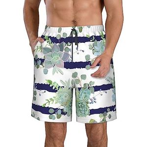 PHTZEZFC Gestreepte vetplanten print strandshorts voor heren, zomershorts met sneldrogende technologie, lichtgewicht en casual, Wit, M