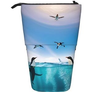Nbtghga Happy Penguin in The Water Print Potlood Telescopische Klassieke Kunst Stand Up Etui Organizer Potlood Houder Make-up Tas Gift, Zwart, Eén maat